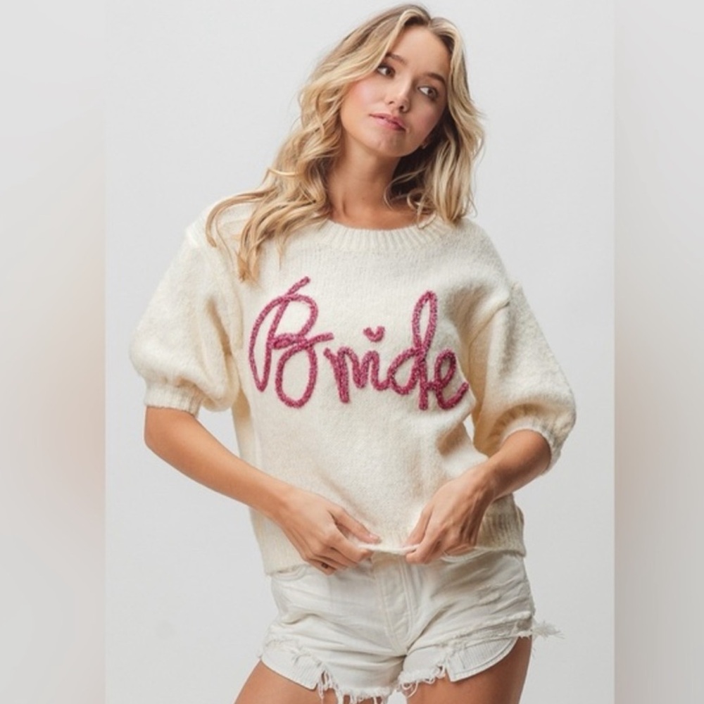 BiBi Cream Sweater with Pink 'Bride' Script